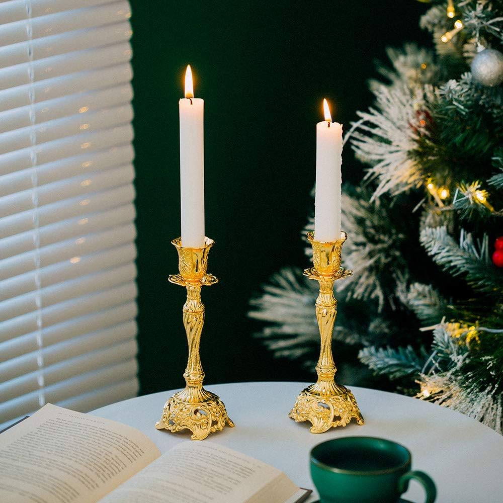 Set of 2 Gold Taper Candle Holders, 7.4" Ornate Candlesticks for Shabbat, Weddings, Christmas & Centerpieces