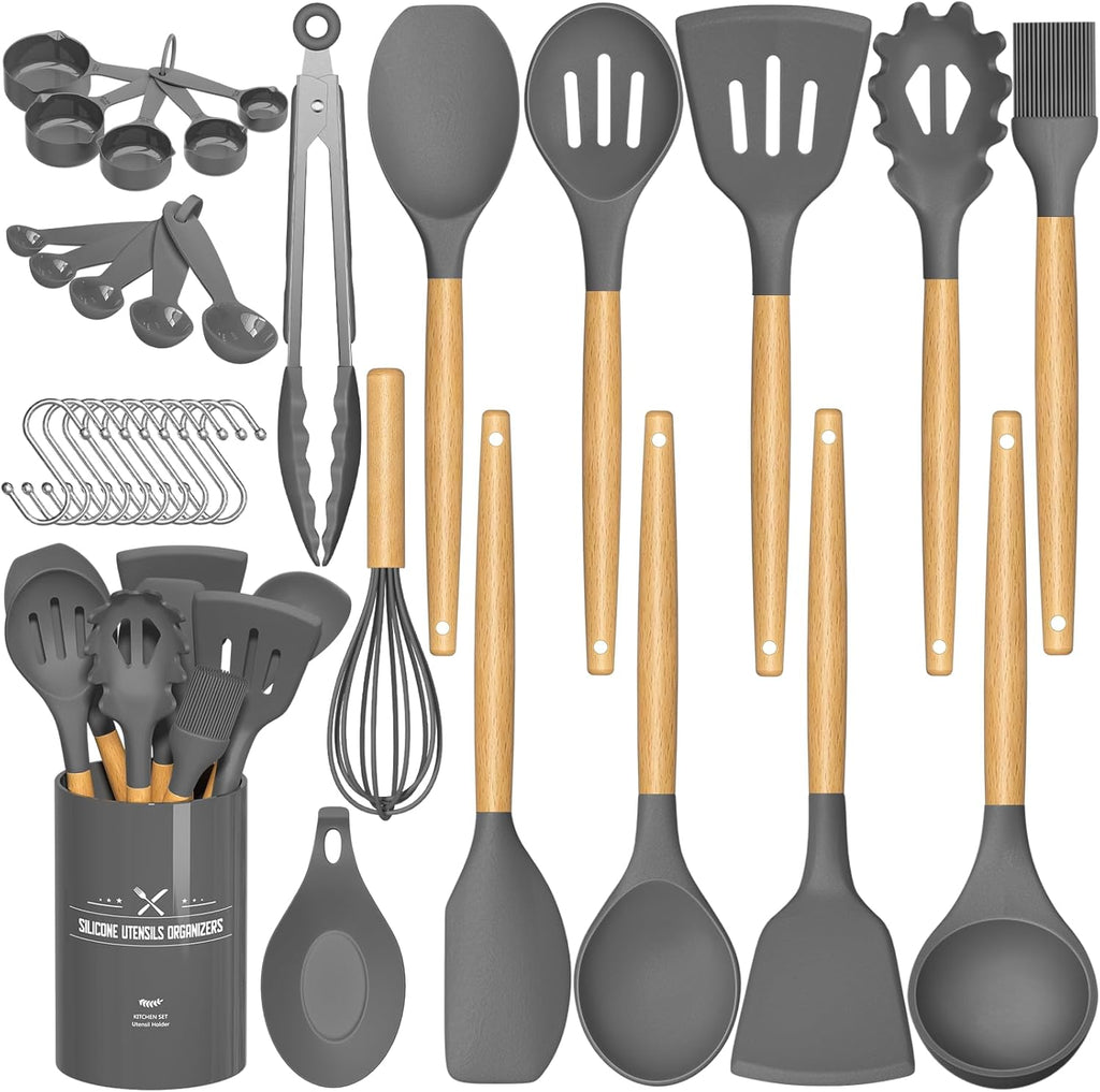 Umite Chef Kitchen Cooking Utensils Set, 33 Pcs Non-Stick Silicone Cooking Kitchen Utensils Spatula Set with Holder, Wooden Handle Silicone Kitchen Gadgets Utensil Set (Khaki)