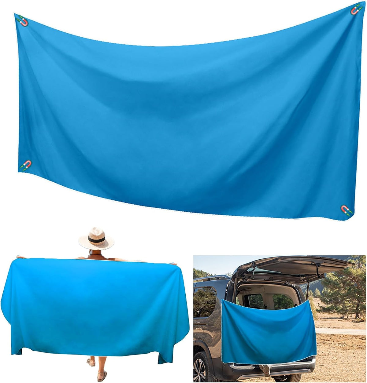 Oversized magnetic beach towel in blue with quick-dry microfiber design