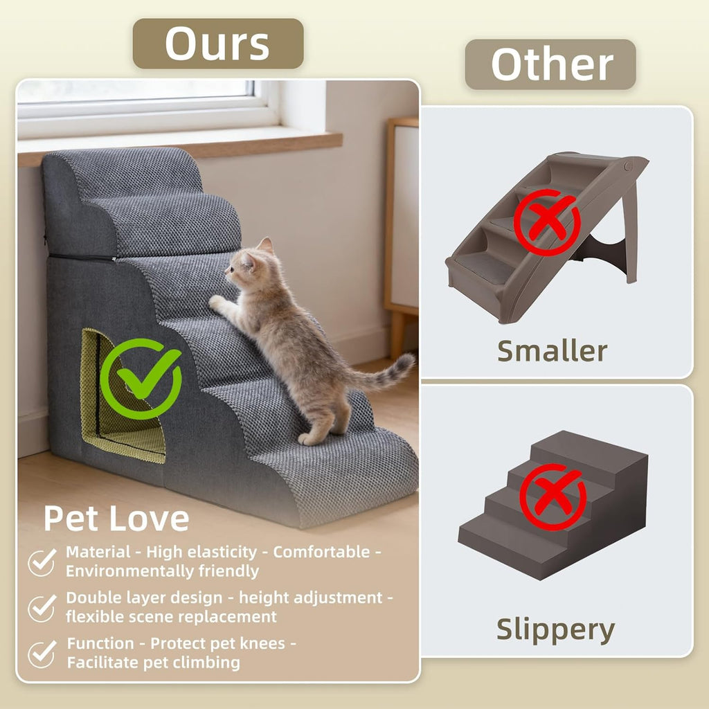 Dog Stairs for High Bed 6 Step Foam Pet Ramp with Tunnel