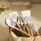 Umite Chef Kitchen Cooking Utensils Set, 33 Pcs Non-Stick Silicone Cooking Kitchen Utensils Spatula Set with Holder, Wooden Handle Silicone Kitchen Gadgets Utensil Set (Khaki)