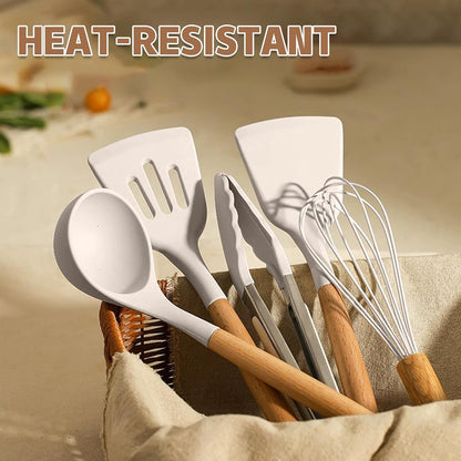 Umite Chef Kitchen Cooking Utensils Set, 33 Pcs Non-Stick Silicone Cooking Kitchen Utensils Spatula Set with Holder, Wooden Handle Silicone Kitchen Gadgets Utensil Set (Khaki)