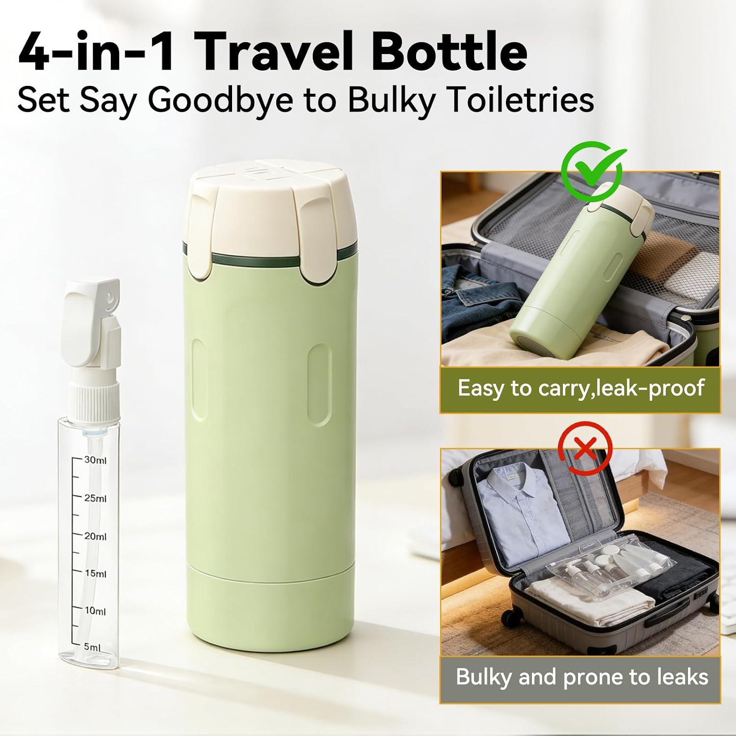 4 in 1 Travel Dispenser Bottle with Cleaning Brush,4 Pack 30Ml Leak Proof Refillable Travel Size Toiletries Containers for Shampoo Conditioner,Portable Travel Bottles Set for Vacation Camping & Gym