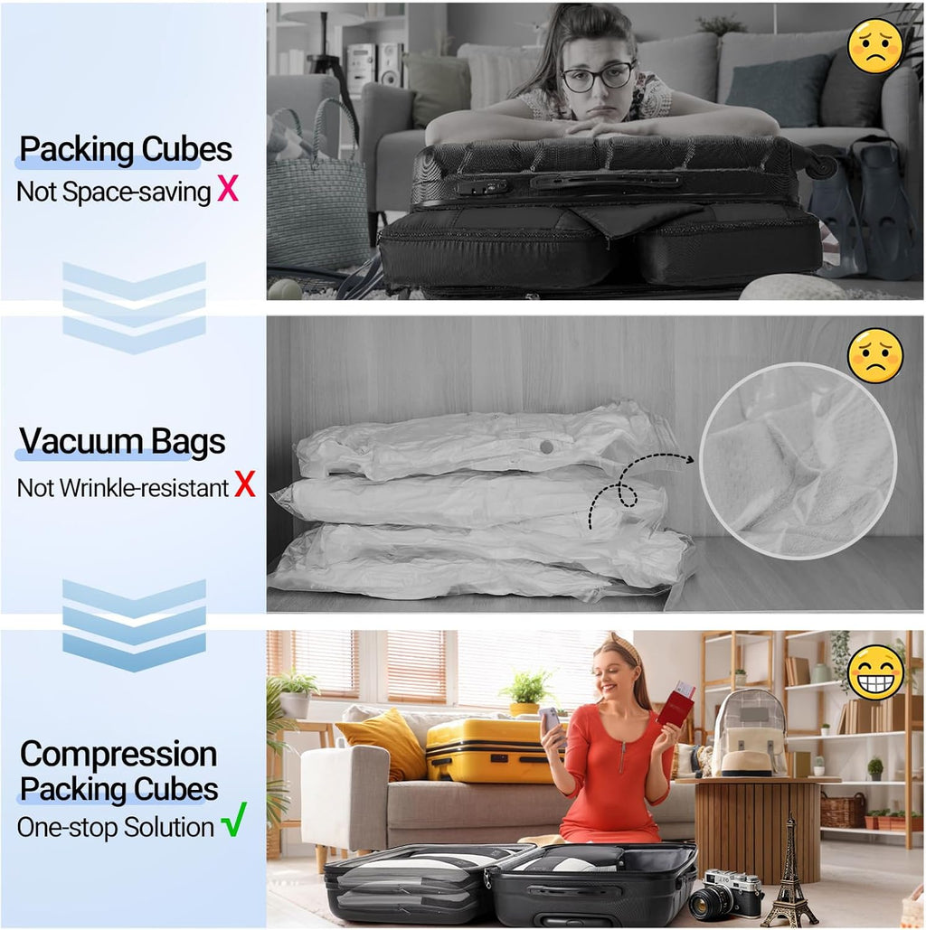 6 piece travel packing cube set designed to save space inside luggage