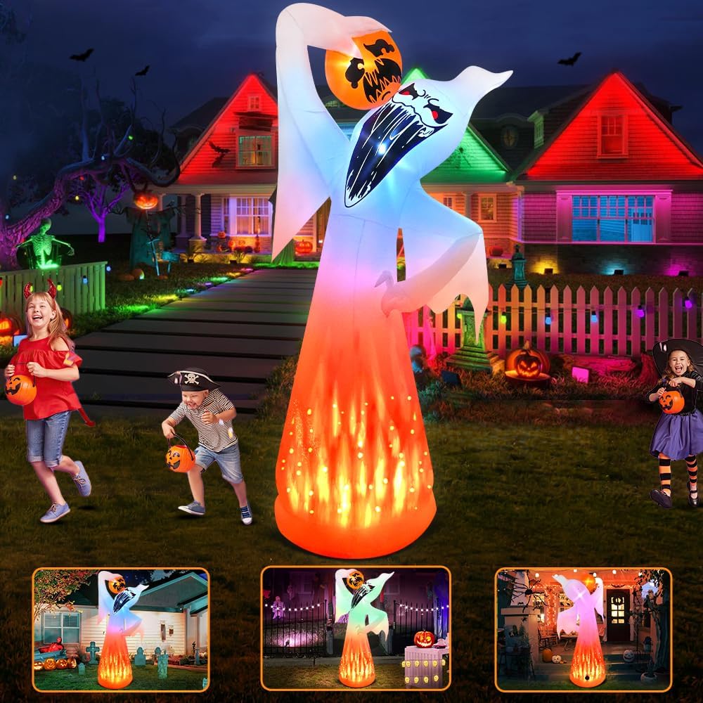 10 Ft Halloween Inflatable Ghost with Pumpkin and LED Lights