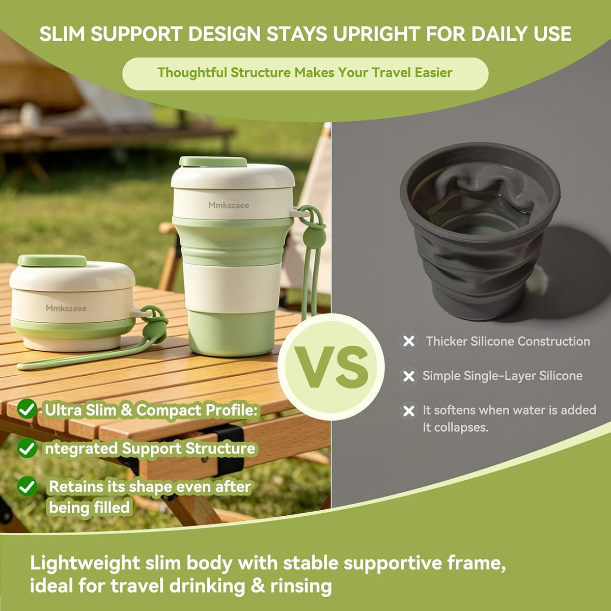 Reusable silicone travel water bottle with space-saving collapsible design