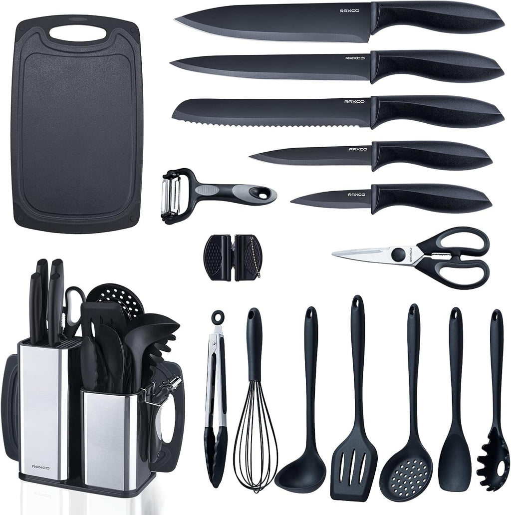 RAXCO Kitchen Utensils Set,18-Piece Cooking Utensils and Knife Set,Black | Food-Grade Silicone Heat-Safe to 410°F, Detachable Stainless Steel Holder, 5 Kitchen Knives and Cutting Board All-In-One
