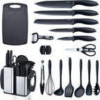 RAXCO Kitchen Utensils Set,18-Piece Cooking Utensils and Knife Set,Black | Food-Grade Silicone Heat-Safe to 410°F, Detachable Stainless Steel Holder, 5 Kitchen Knives and Cutting Board All-In-One