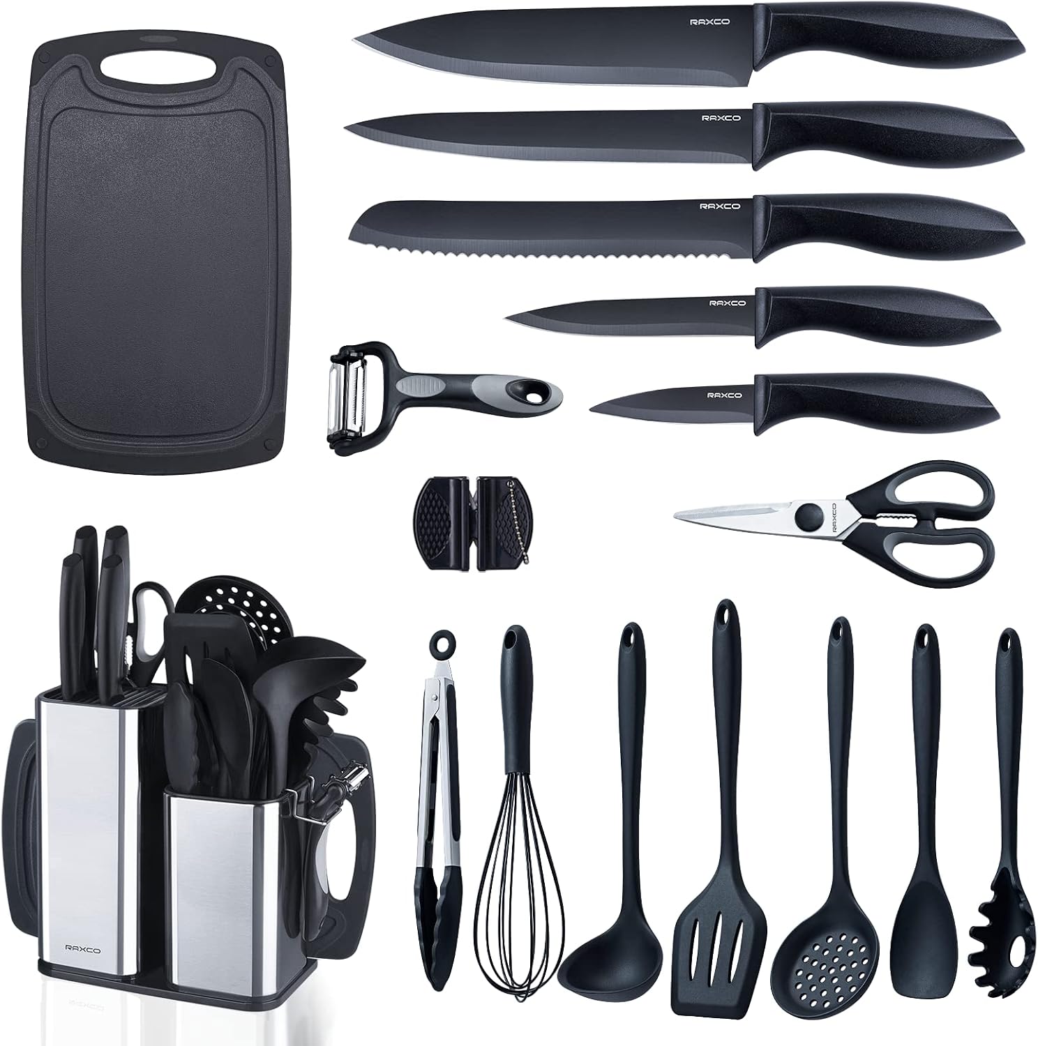 RAXCO Kitchen Utensils Set,18-Piece Cooking Utensils and Knife Set,Black | Food-Grade Silicone Heat-Safe to 410°F, Detachable Stainless Steel Holder, 5 Kitchen Knives and Cutting Board All-In-One