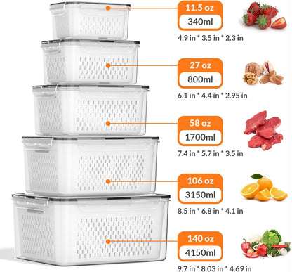 5 PCS Large Fruit Storage Containers for Fridge with Removable Colanders, Airtight Food Storage Containers with 5 Lids, 4 in 1 Produce Containers Keep Berry Fruits Vegetable Food Meat Fresh Longer