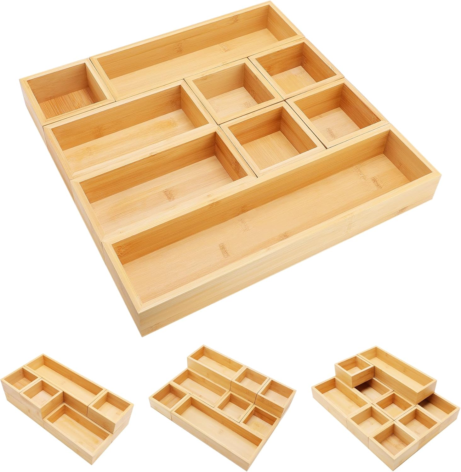 Bamboo Drawer Organizer Set, 5 PCS Multi-Use Individual Wood Storage Organizers, , Office Desk, Makeup, Jewelry, Utensils