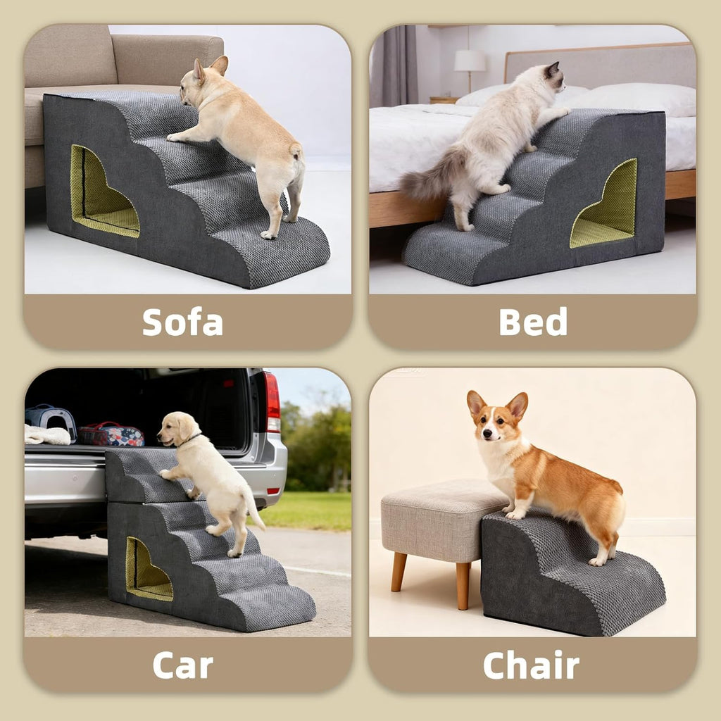 Dog Stairs for High Bed 6 Step Foam Pet Ramp with Tunnel