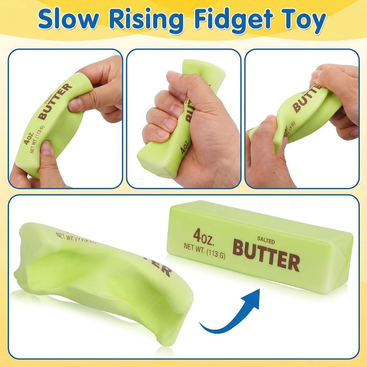 Green butter squishy stick made from soft PU material for squeezing and fidgeting
