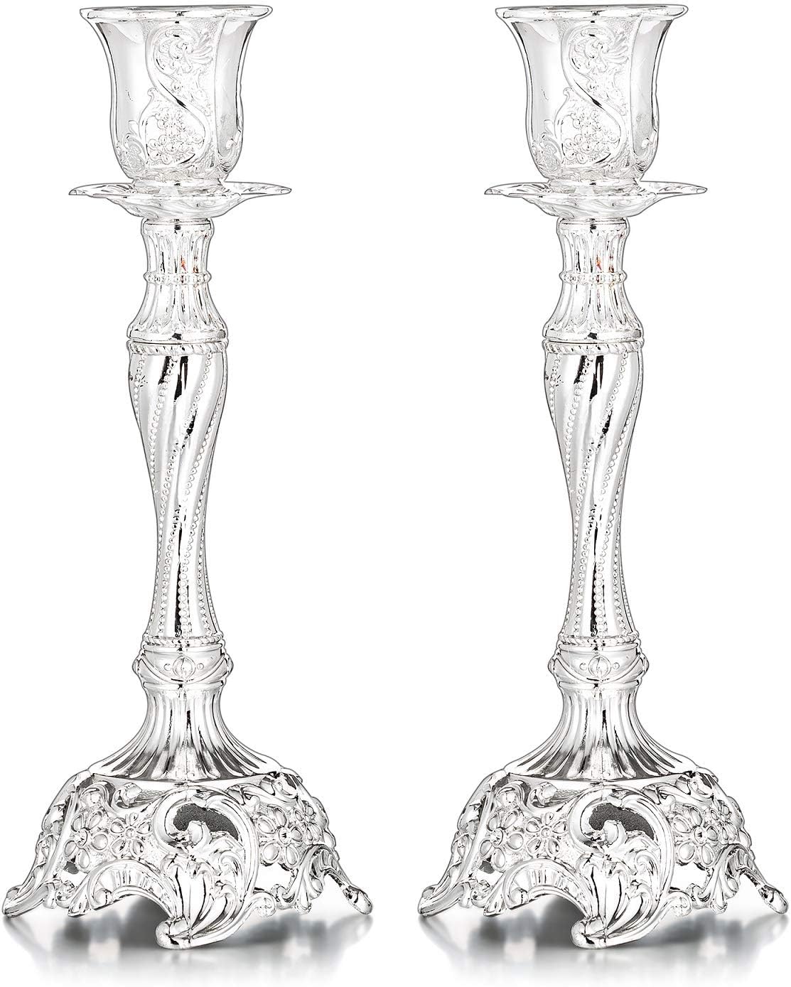 Set of 2 Gold Taper Candle Holders, 7.4" Ornate Candlesticks for Shabbat, Weddings, Christmas & Centerpieces