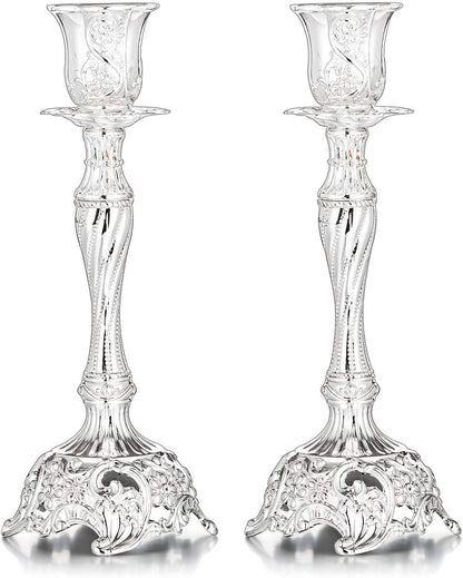 Set of 2 Gold Taper Candle Holders, 7.4" Ornate Candlesticks for Shabbat, Weddings, Christmas & Centerpieces