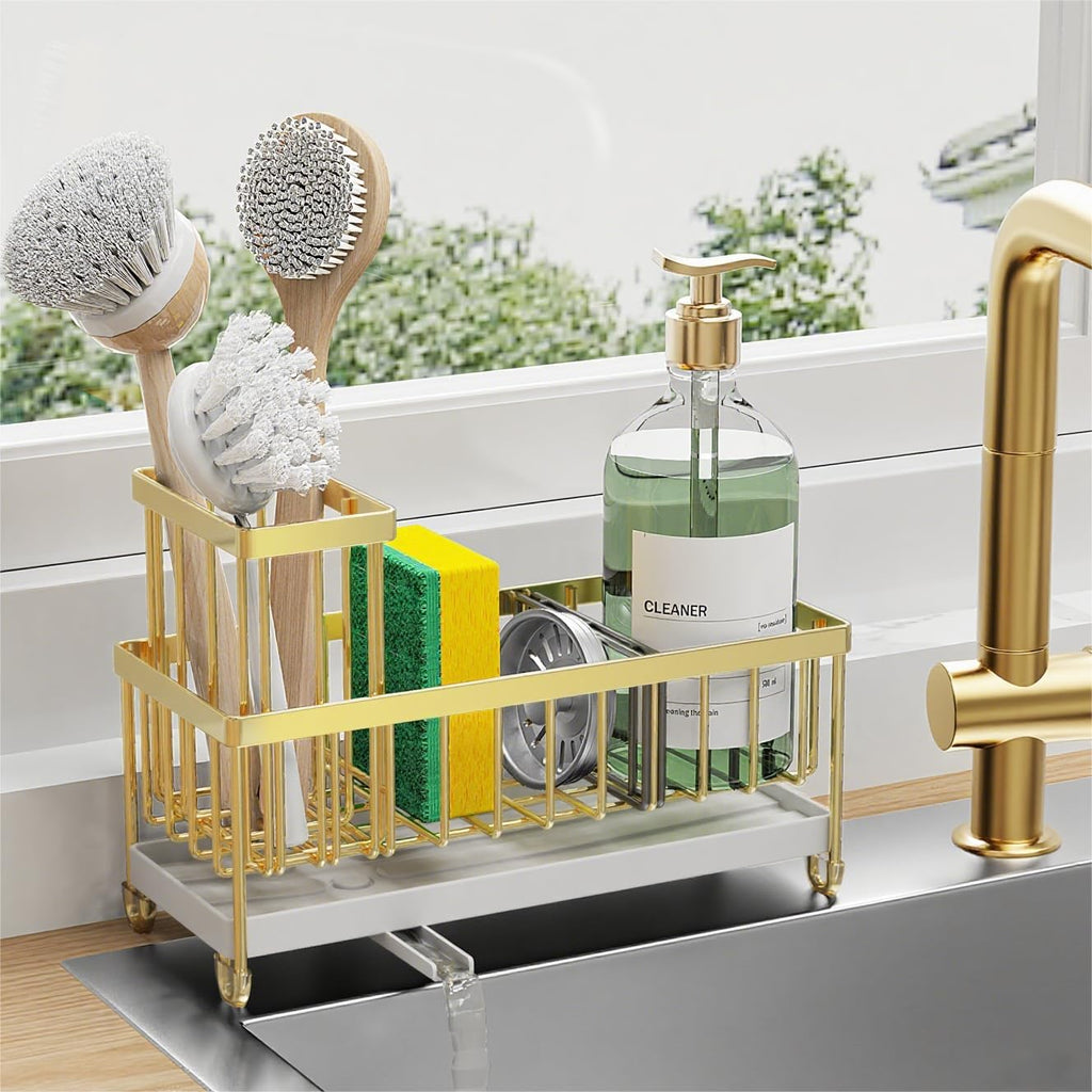 Cisily Black Sponge Holder for Kitchen Sink, Sink Caddy Organizer with High Brush Holder, Kitchen Countertop Organizers and Storage Essentials, Rustproof 304 Stainless Steel, Soap Dispenser Organize