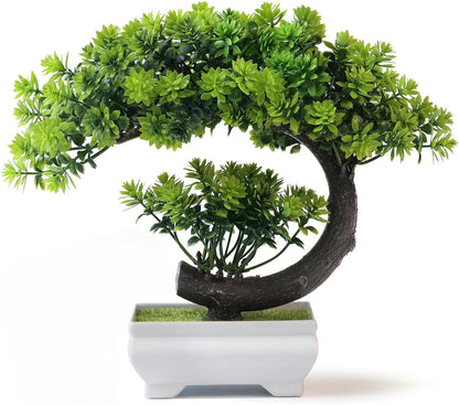 Small 8.5" Artificial Bonsai Plant, Green Faux Desktop Decor for Home, Office, Bookshelf & Bathroom