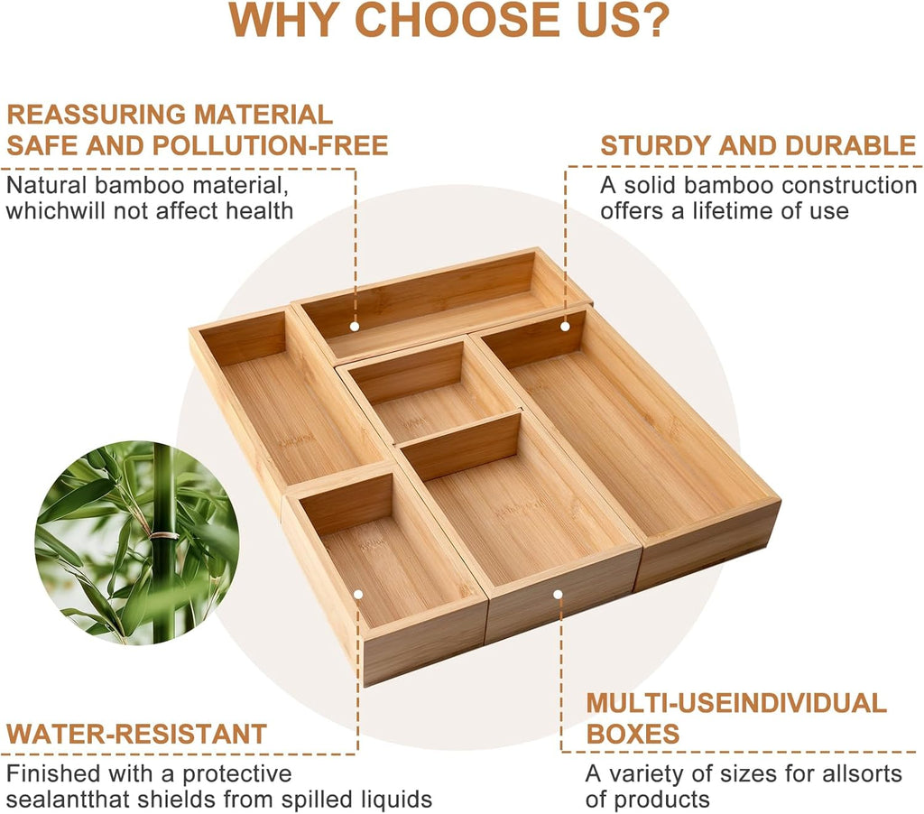 5-Pack Bamboo Drawer Organizers, Multi-Purpose Wooden Dividers for Kitchen, Office, Jewelry & Cosmetics, Desk & Drawer Storage, Gift Idea