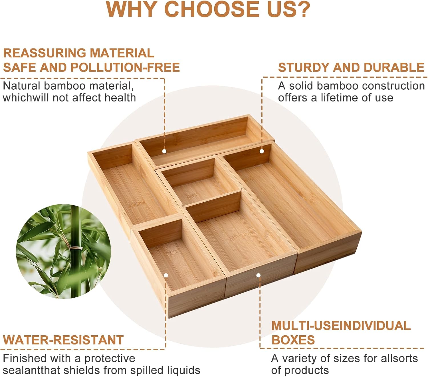 5-Pack Bamboo Drawer Organizers, Multi-Purpose Wooden Dividers for Kitchen, Office, Jewelry & Cosmetics, Desk & Drawer Storage, Gift Idea