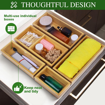 Bamboo Drawer Organizer Set, 5 PCS Multi-Use Individual Wood Storage Organizers, , Office Desk, Makeup, Jewelry, Utensils