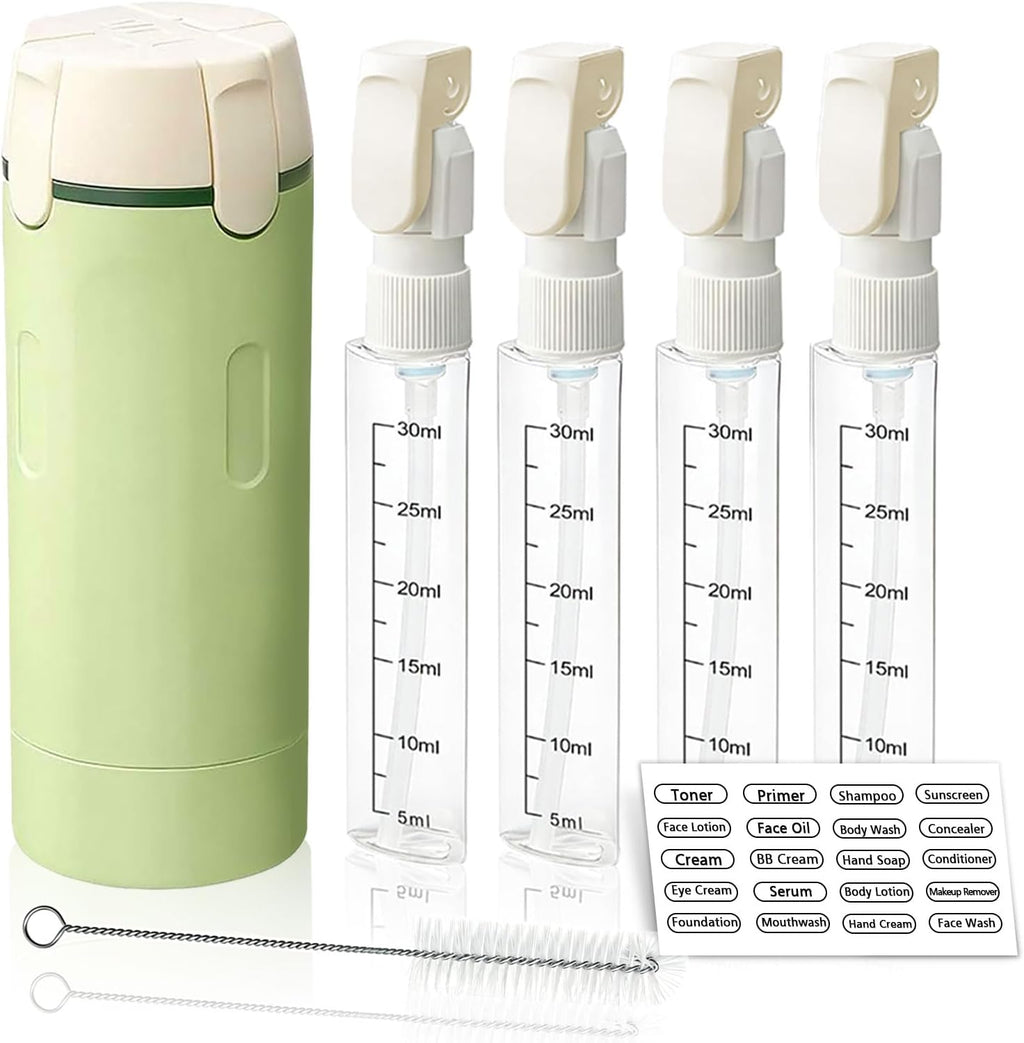 4 in 1 Travel Dispenser Bottle with Cleaning Brush,4 Pack 30Ml Leak Proof Refillable Travel Size Toiletries Containers for Shampoo Conditioner,Portable Travel Bottles Set for Vacation Camping & Gym