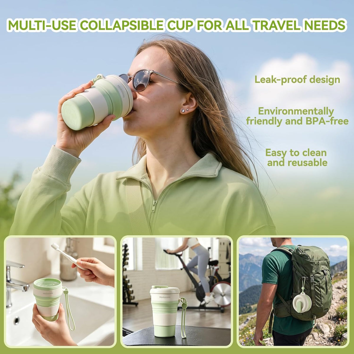 Leakproof collapsible water bottle for hiking camping and outdoor activities