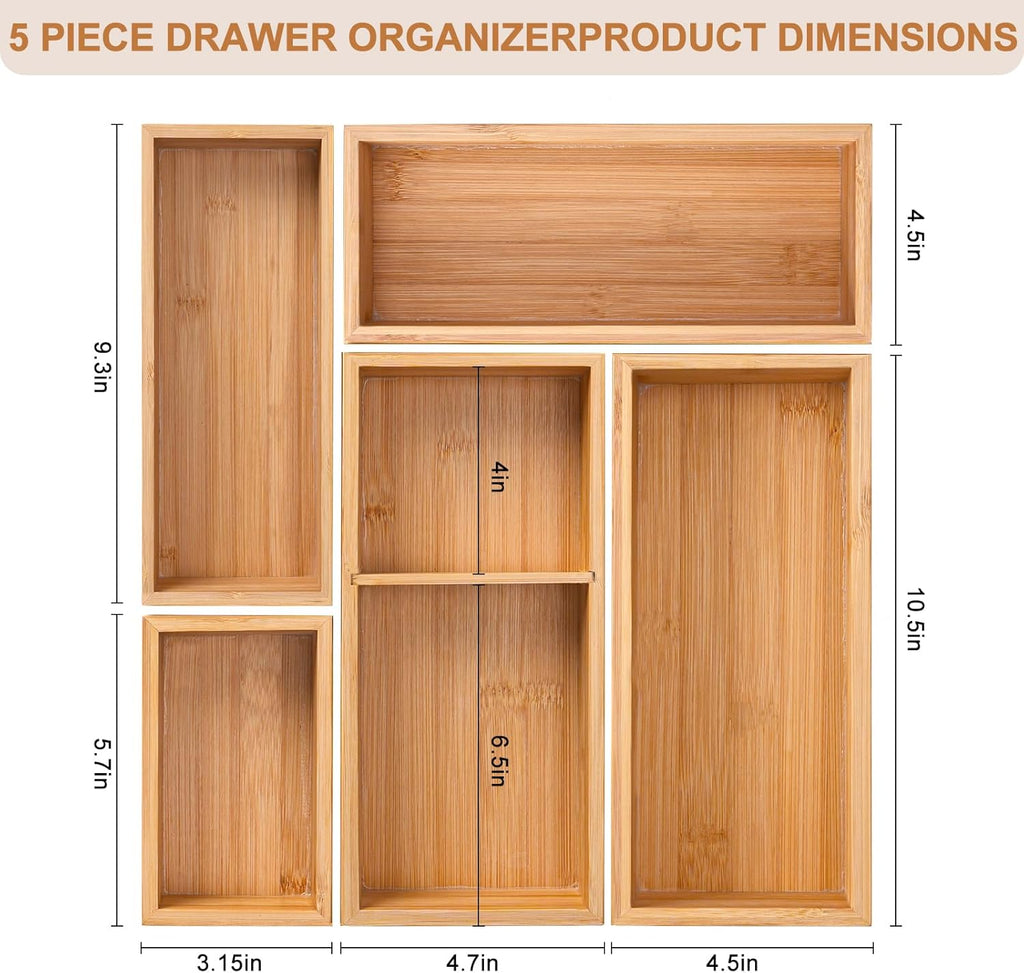 5-Pack Bamboo Drawer Organizers, Multi-Purpose Wooden Dividers for Kitchen, Office, Jewelry & Cosmetics, Desk & Drawer Storage, Gift Idea
