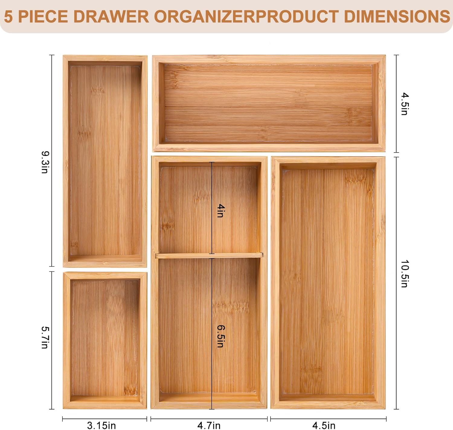 5-Pack Bamboo Drawer Organizers, Multi-Purpose Wooden Dividers for Kitchen, Office, Jewelry & Cosmetics, Desk & Drawer Storage, Gift Idea