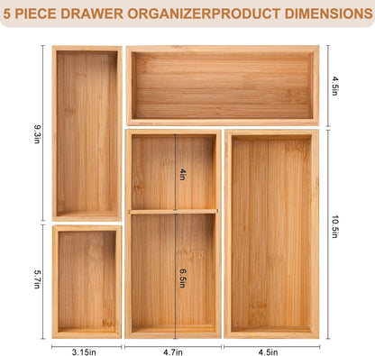 5-Pack Bamboo Drawer Organizers, Multi-Purpose Wooden Dividers for Kitchen, Office, Jewelry & Cosmetics, Desk & Drawer Storage, Gift Idea