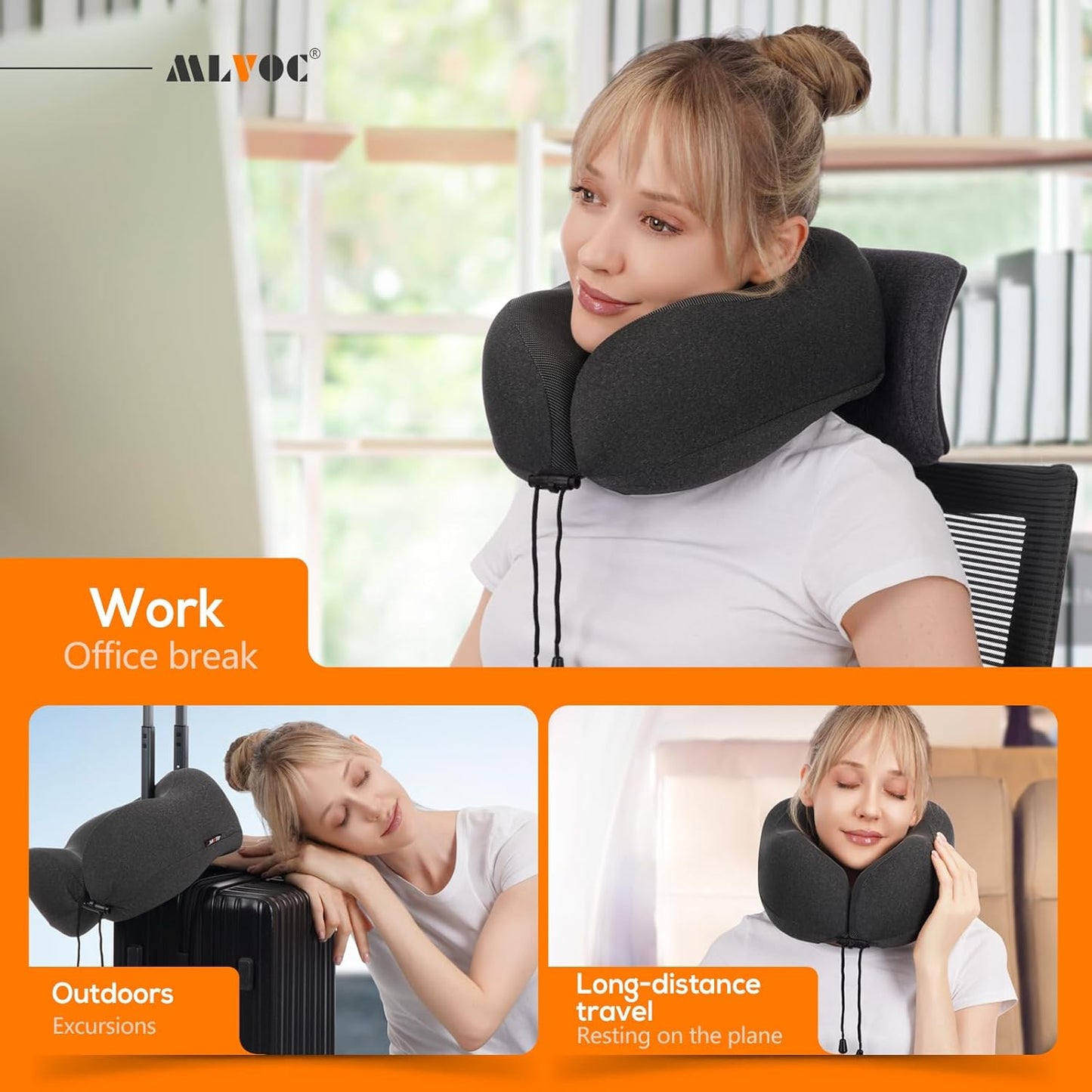 MLVOC Travel Pillow 100% Pure Memory Foam Neck Pillow, Comfortable & Breathable Cover, Machine Washable, Airplane Travel Kit with 3D Contoured Eye Masks, Earplugs, and Luxury Bag, Standard (Black)