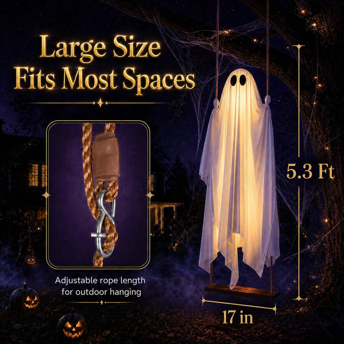 Hanging swing ghost Halloween decoration displayed on a tree for outdoor decor