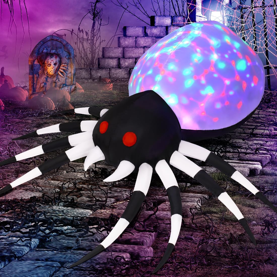 Giant black Halloween spider with colorful LED body lights