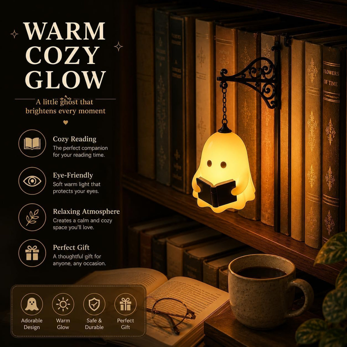 Mini ghost bookshelf nightlight for book lovers and reading nook decor