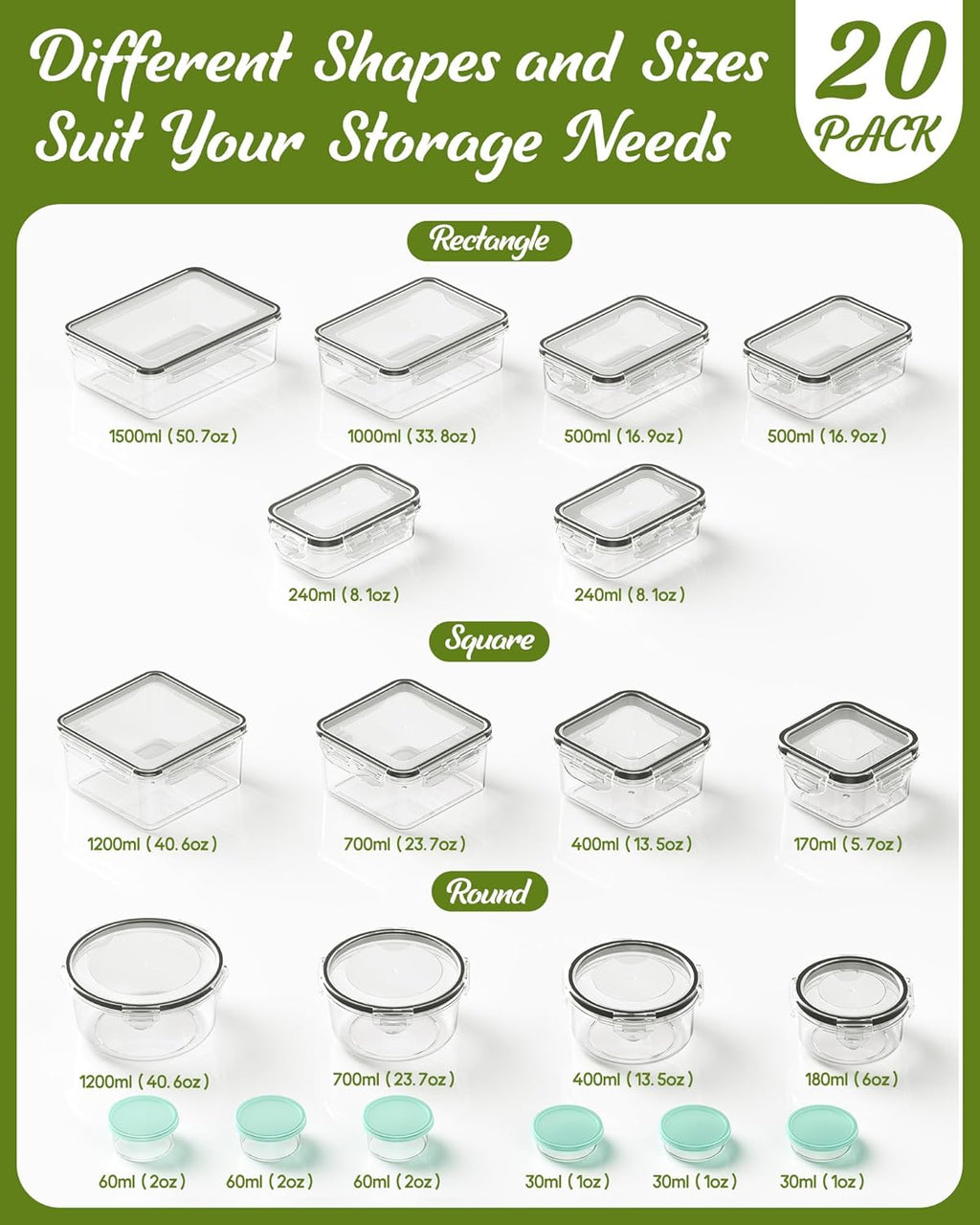 40 Piece Food Storage Containers with Lids(20 Containers & 20 Lids), Bpa-Free Plastic Food Containers for Kitchen Storage and Organization, Leak Proof Meal Prep Container, Includes Labels & Pen