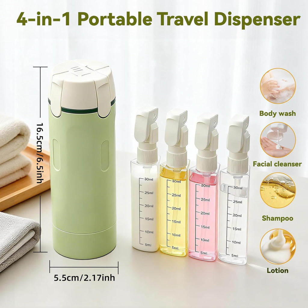 4 in 1 Travel Dispenser Bottle with Cleaning Brush,4 Pack 30Ml Leak Proof Refillable Travel Size Toiletries Containers for Shampoo Conditioner,Portable Travel Bottles Set for Vacation Camping & Gym