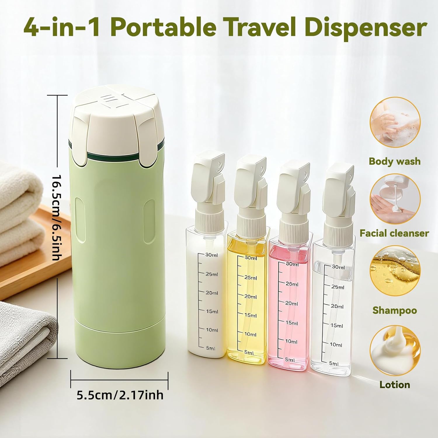 4 in 1 Travel Dispenser Bottle with Cleaning Brush,4 Pack 30Ml Leak Proof Refillable Travel Size Toiletries Containers for Shampoo Conditioner,Portable Travel Bottles Set for Vacation Camping & Gym