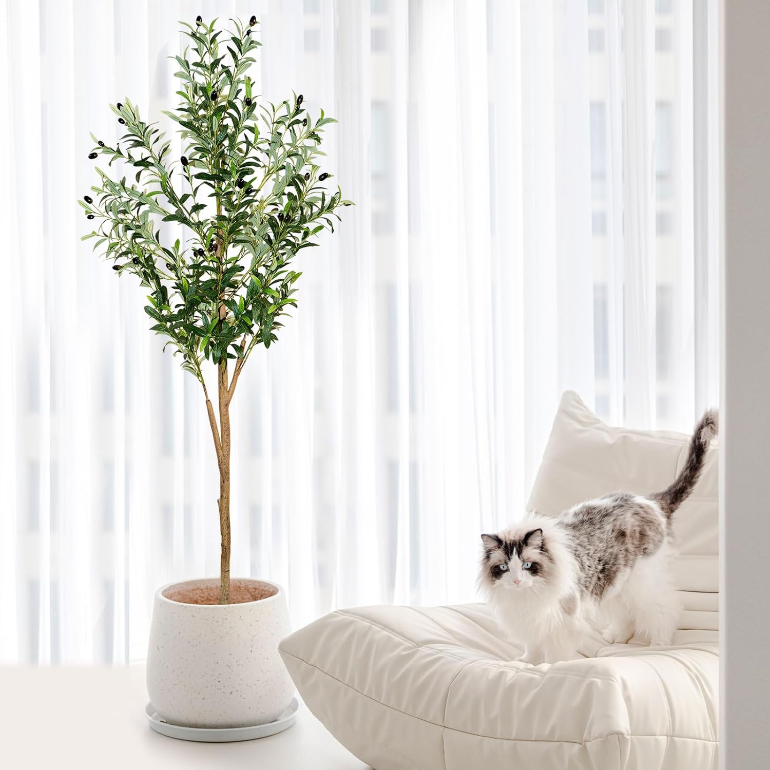 6Ft Faux Olive Tree, Artificial Olive Tree Indoor, High Imitation Silk Plant Fake Olive Tree with Realistic Leaves and Fruits, Suitable for Home Living Room Office Decoration