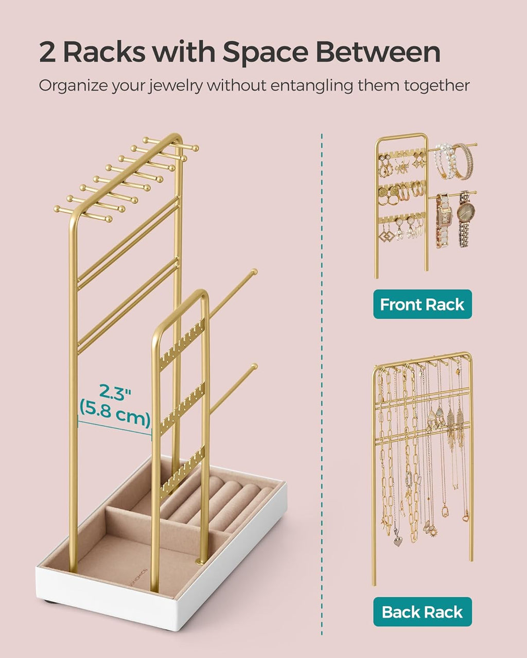 SONGMICS Necklace Holder, Jewelry Stand Holder Organizer, Jewelry Display with Metal Frame, Velvet Tray, Earring Bracelet Holder, for Gift Idea, 4.5 X 7.7 X 12.1 Inch, Pale Gold UJJS021A01
