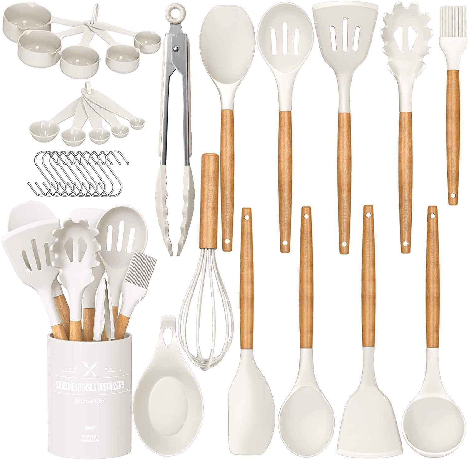 Umite Chef Kitchen Cooking Utensils Set, 33 Pcs Non-Stick Silicone Cooking Kitchen Utensils Spatula Set with Holder, Wooden Handle Silicone Kitchen Gadgets Utensil Set (Khaki)
