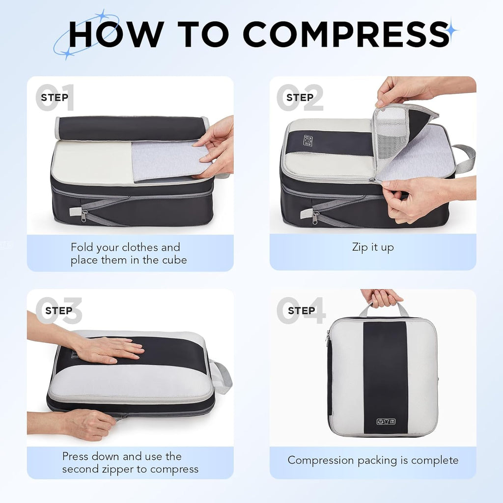 Compression luggage organizer bags for clothes, garments, and travel accessories