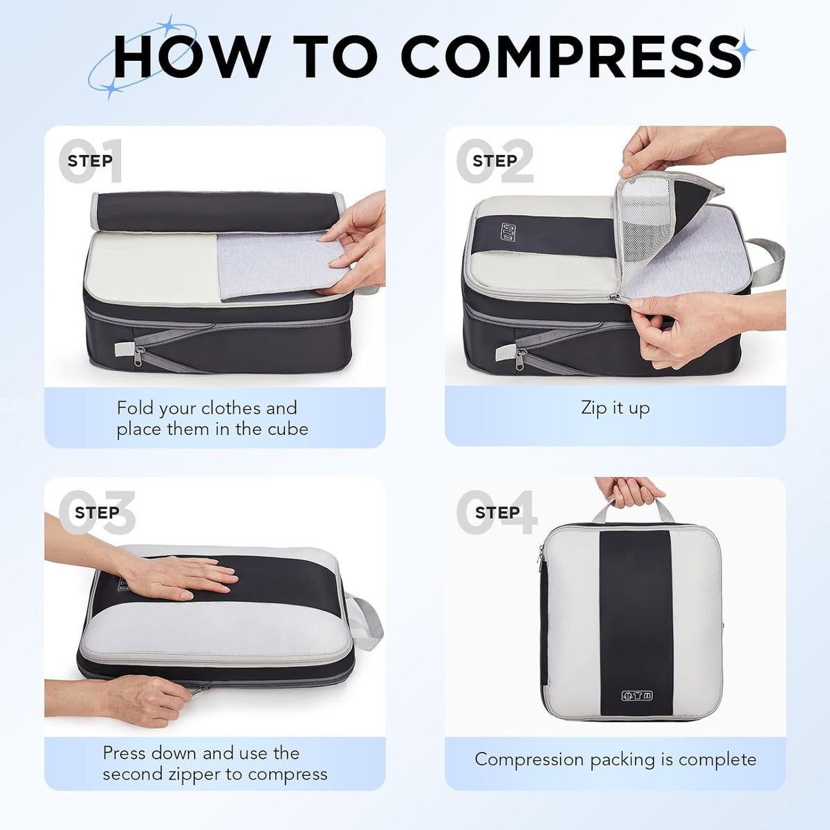 Compression luggage organizer bags for clothes, garments, and travel accessories