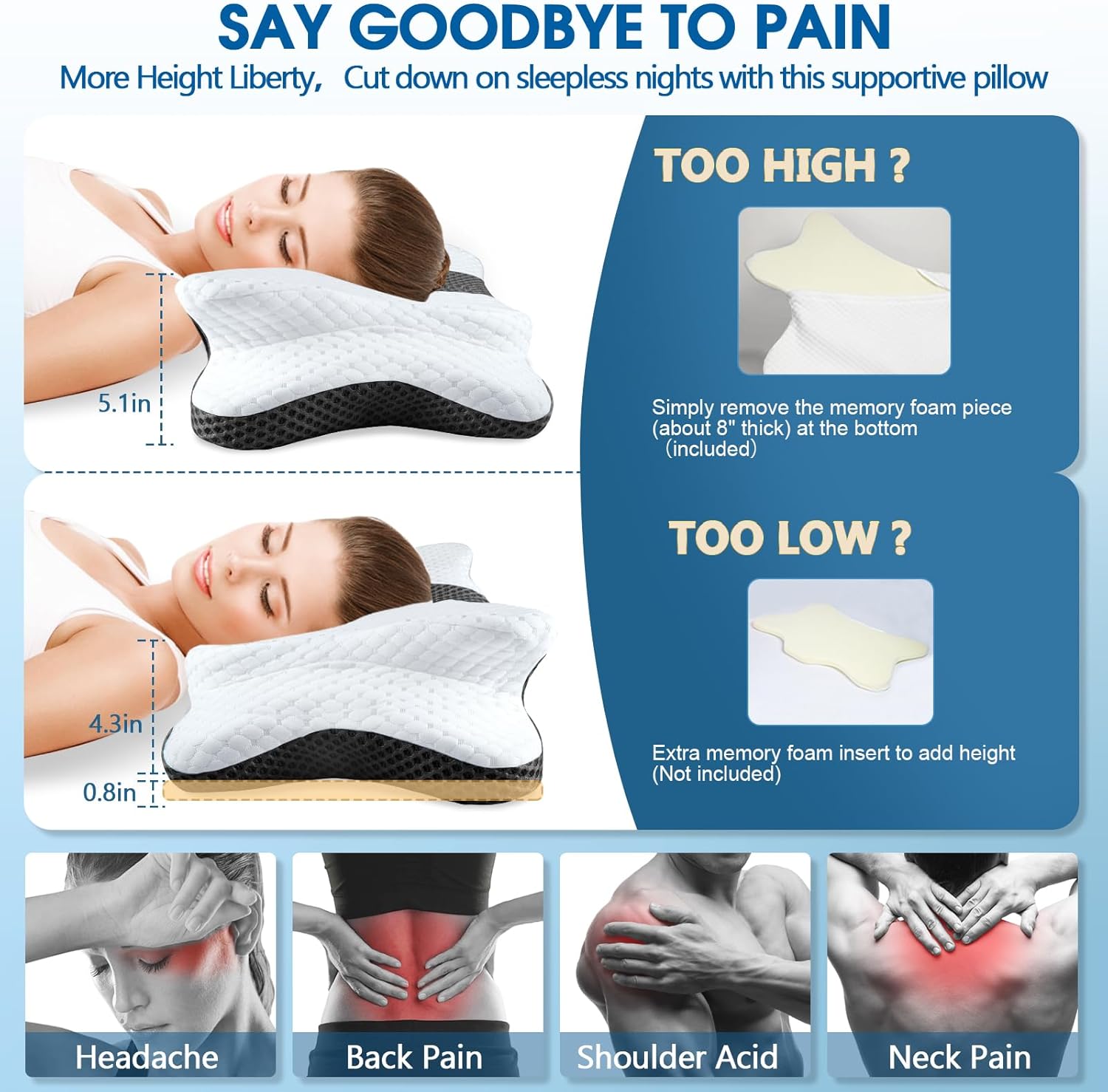 Memory Foam Pillows, Cervical Pillow for Neck and Shoulder Pain Relief, Ergonomic Contour Bed Pillow, Soft for Side Sleep Stomach Sleeping and Back Sleeper