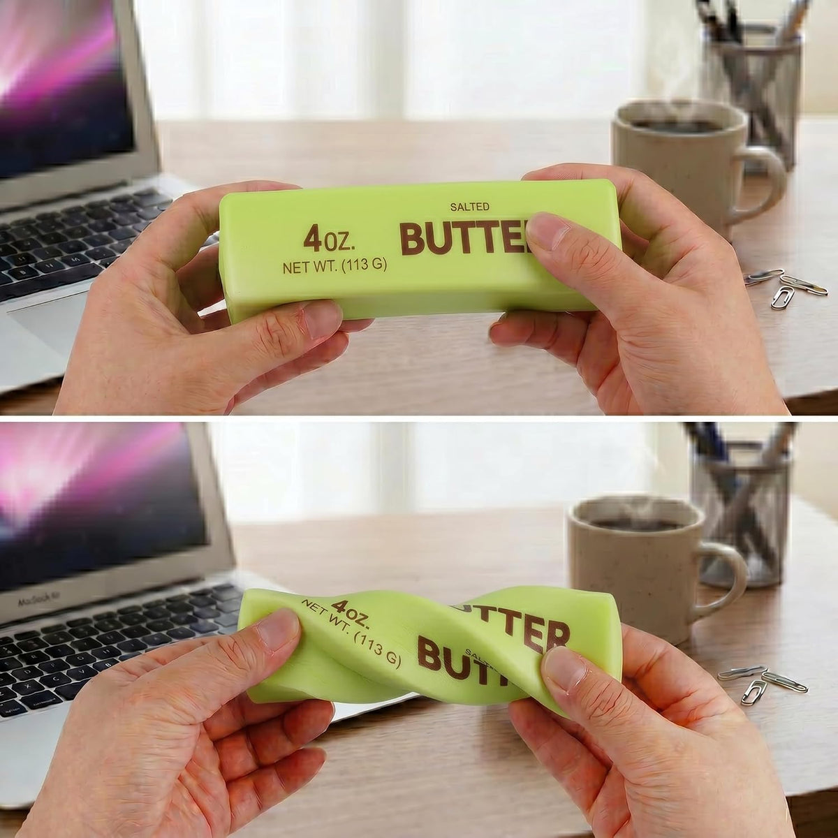 Two green butter-shaped squishy fidget toys with realistic food-inspired design