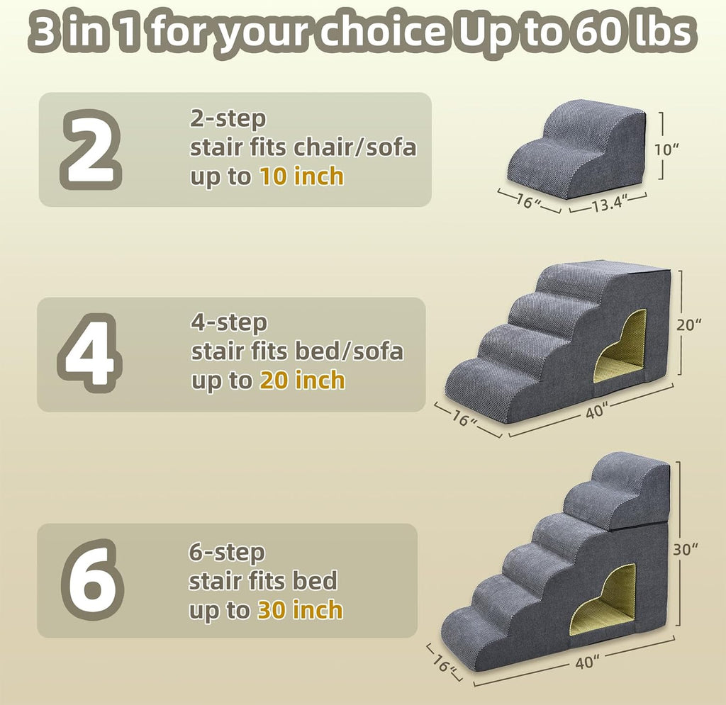 Dog Stairs for High Bed 6 Step Foam Pet Ramp with Tunnel