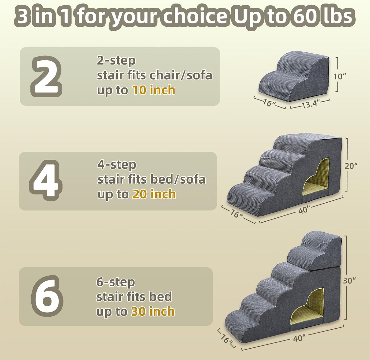 Dog Stairs for High Bed 6 Step Foam Pet Ramp with Tunnel