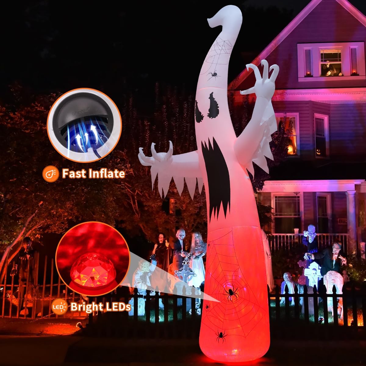 Tall Halloween ghost inflatable covered with spider webs