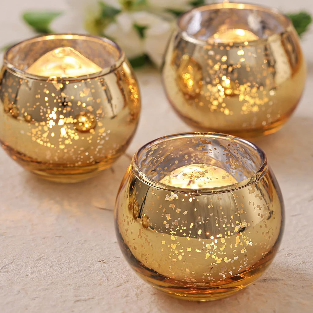 Volens round Gold Votive Candle Holders, Mercury Glass Candle Holder Set of 12, Wedding Decorations for Table
