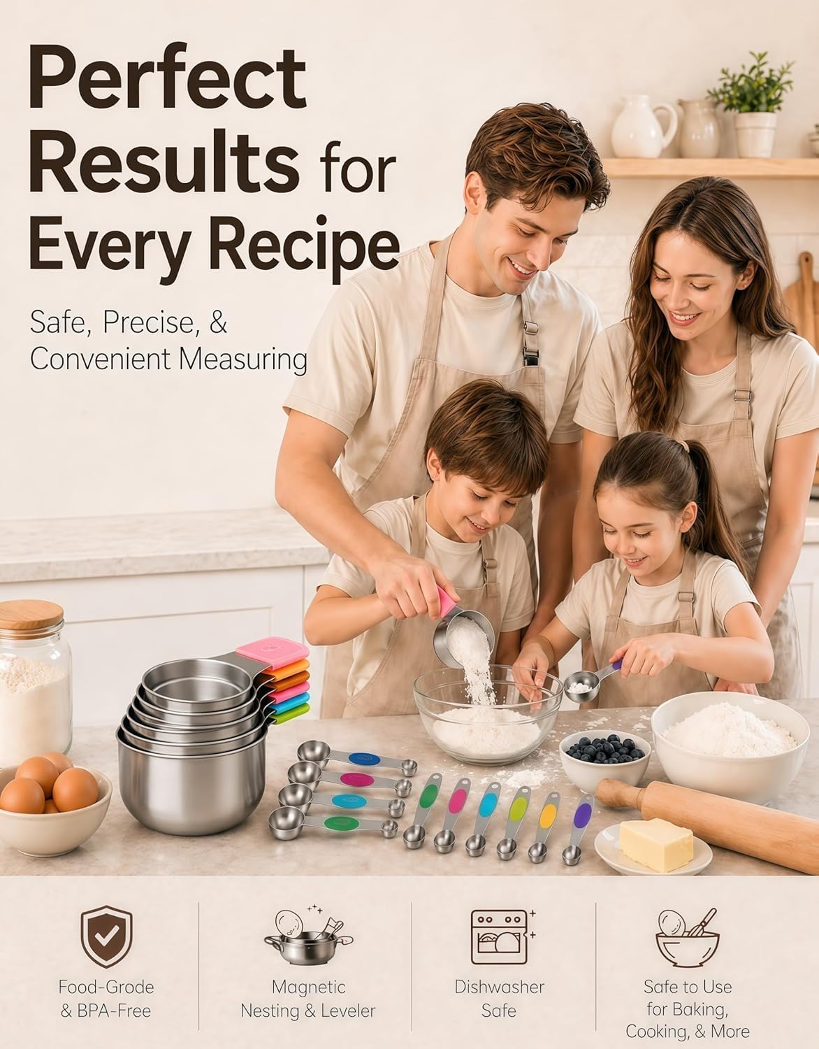 Magnetic Measuring Cups and Spoons Set304 Stainless Steel Dual Scale Set of 15, Strong N52 Magnetic Nesting Design with Leveler, for Dry&Liquid Ingredients, Dishwasher Safe(Colorful)
