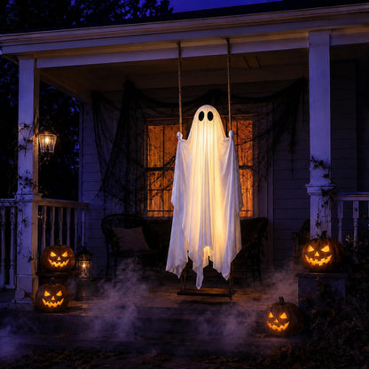 Large pre-assembled ghost hanging from swing for spooky Halloween outdoor display