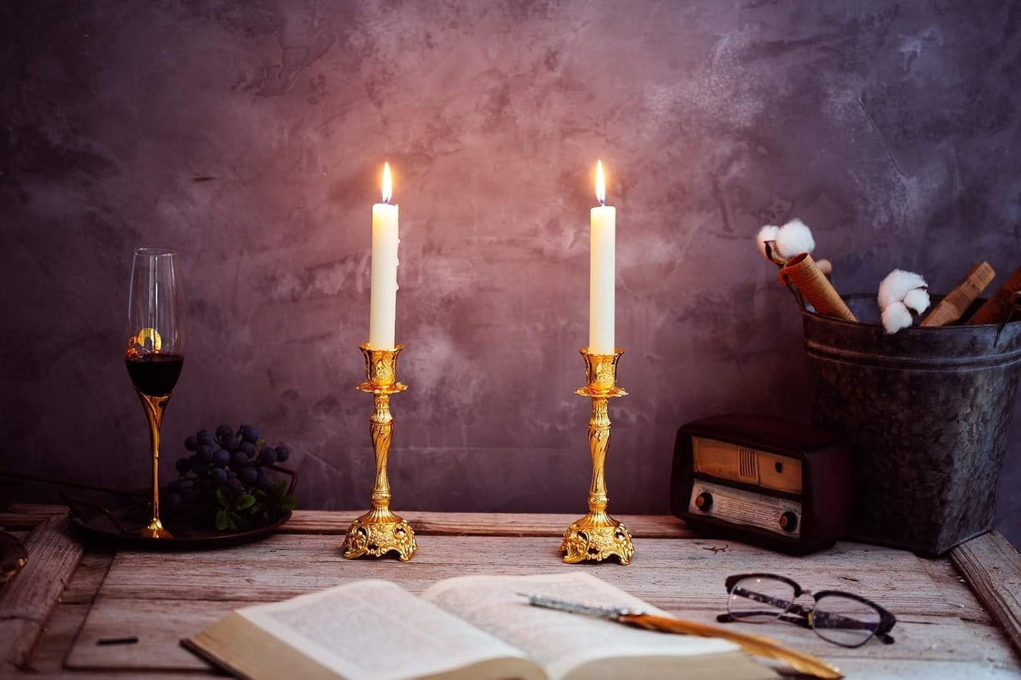 Set of 2 Gold Taper Candle Holders, 7.4" Ornate Candlesticks for Shabbat, Weddings, Christmas & Centerpieces